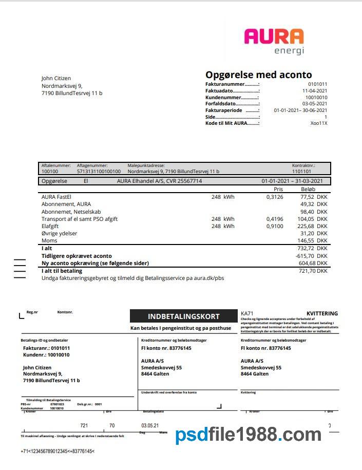 Denmark AURA Energi Utility Bill